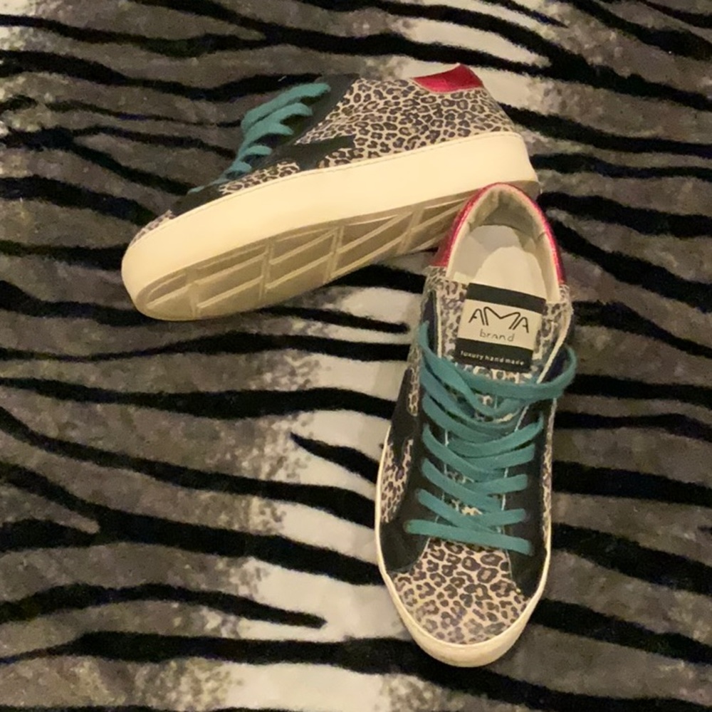 AMA brand luxury handmade cheetah print thick soled sneakers like new